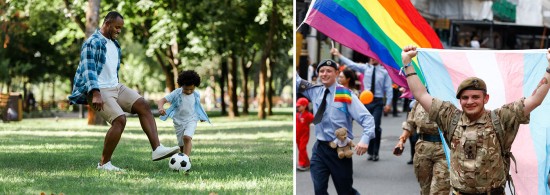 A father and son playing football, and a soldier at a Pride event